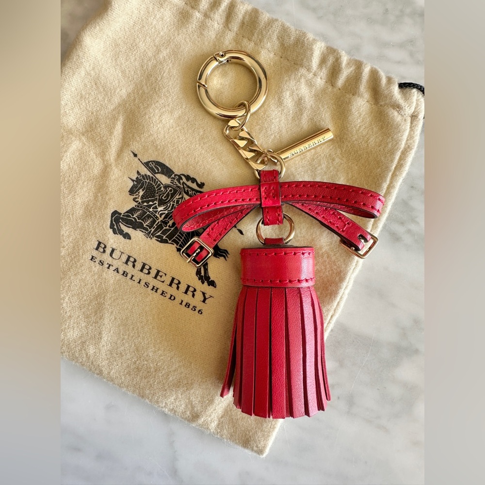 Burberry Leather Tassel Bag Charm Red Bow Gold Tone Hardware AUTHENTIC